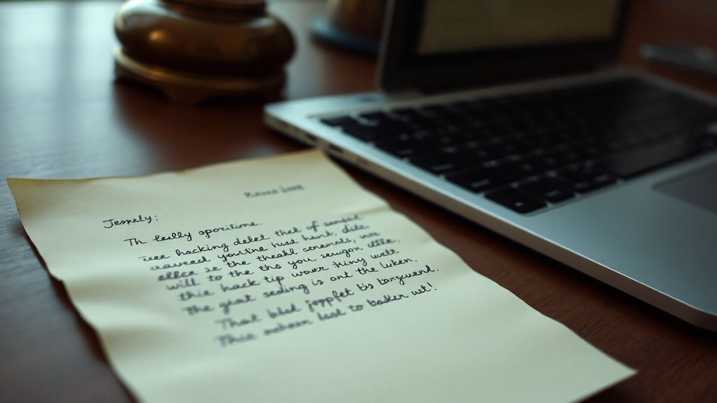 A handwritten letter on aged paper beside a modern laptop in soft light