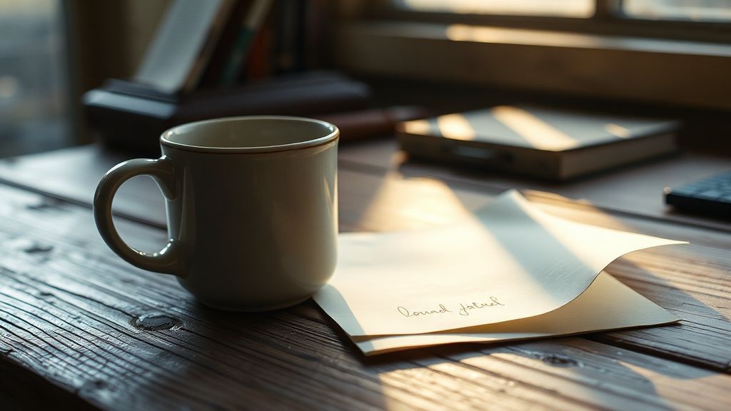 A weathered wooden desk with handwritten letter and coffee mug