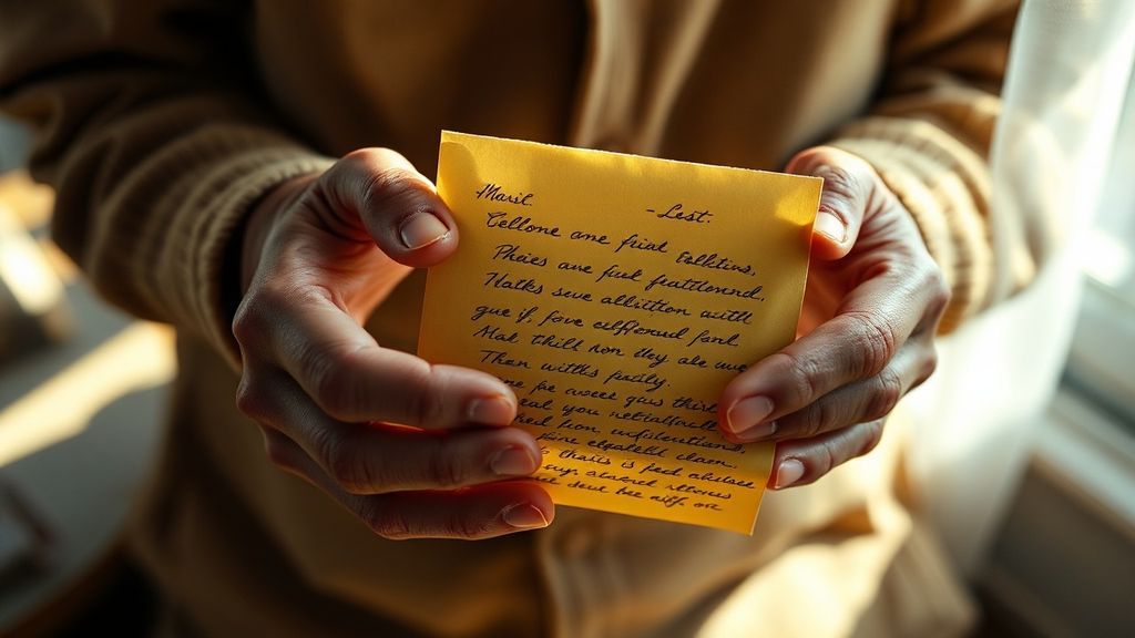 Hands of elderly person holding yellowed handwritten letter