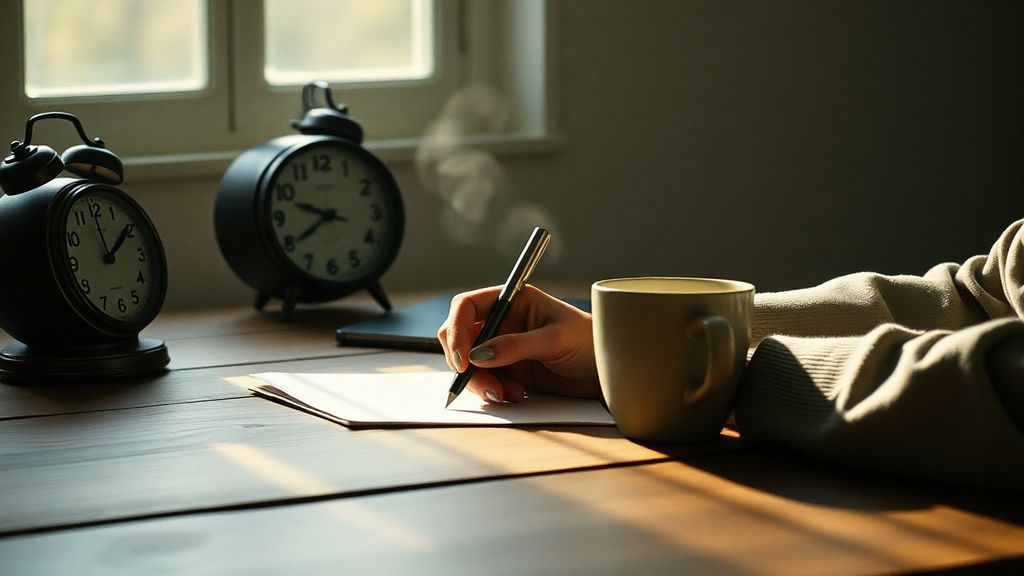 Person writing at desk with morning light and vintage clock