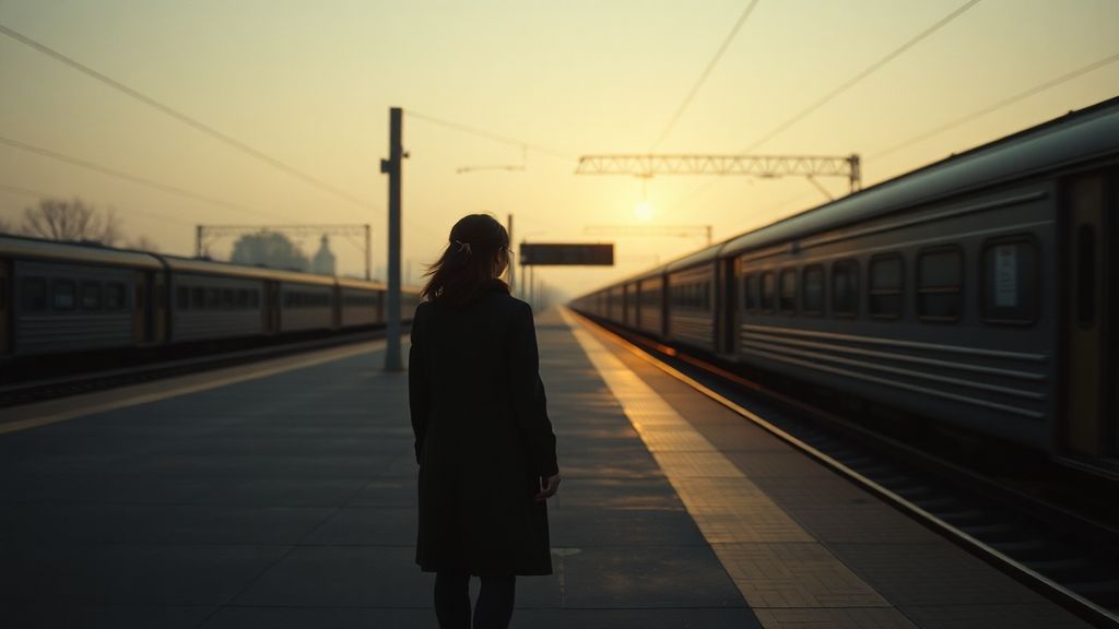 A woman standing alone on an empty train platform at dawn