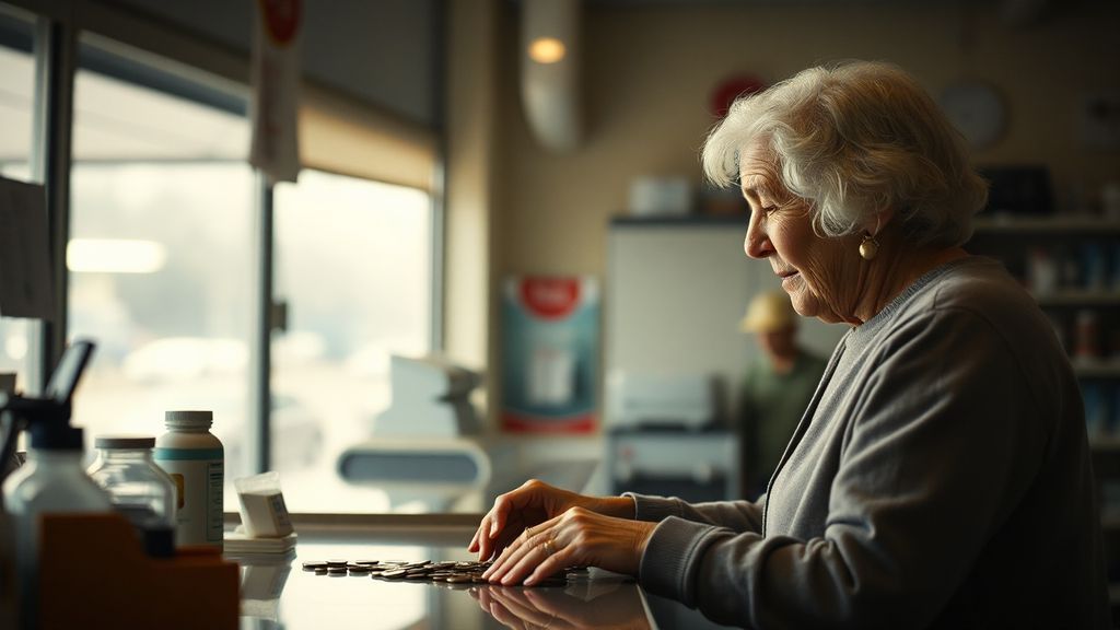 An elderly woman counting coins at a pharmacy counter with soft window light