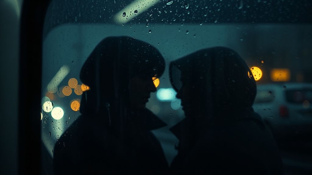 Two strangers' reflections overlapping in a rain-streaked train window