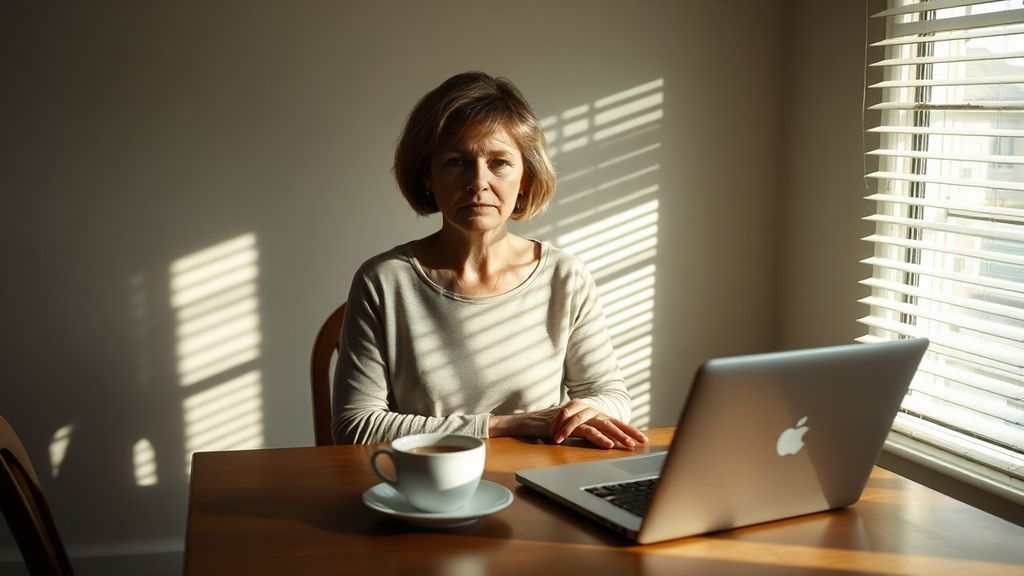 A woman sitting alone at a kitchen table with morning light streaming through blinds