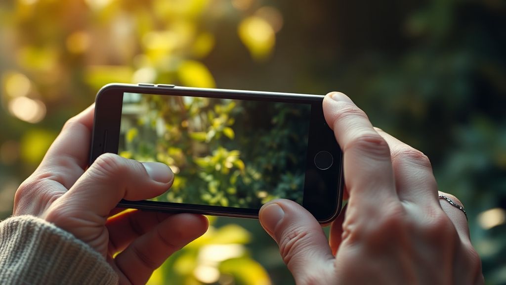 Hands holding an old smartphone displaying a blurry video of a garden with green leaves and sunlight