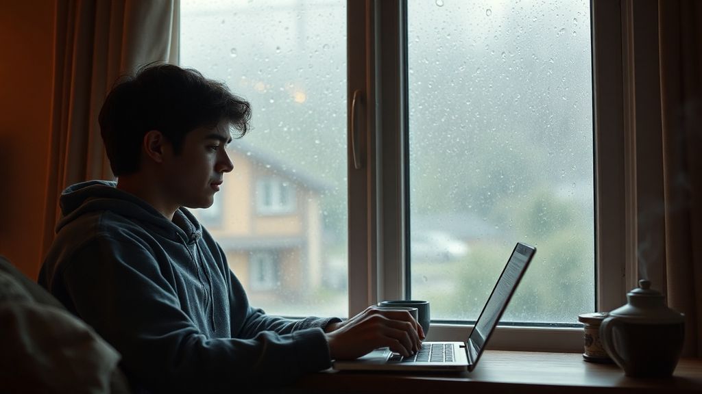 A young person typing on a laptop near a window with rain outside, warm interior light contrasting with grey weather