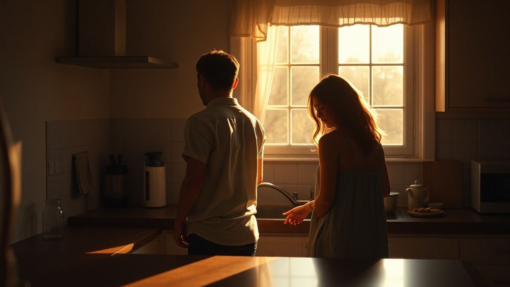 A couple doing dishes together in a dimly lit kitchen