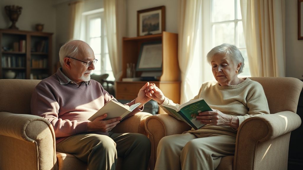 An elderly couple holding hands while reading in separate armchairs