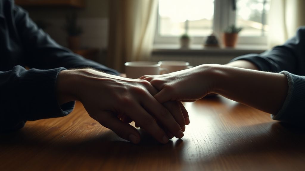 A couple's hands intertwined on a kitchen table with morning coffee
