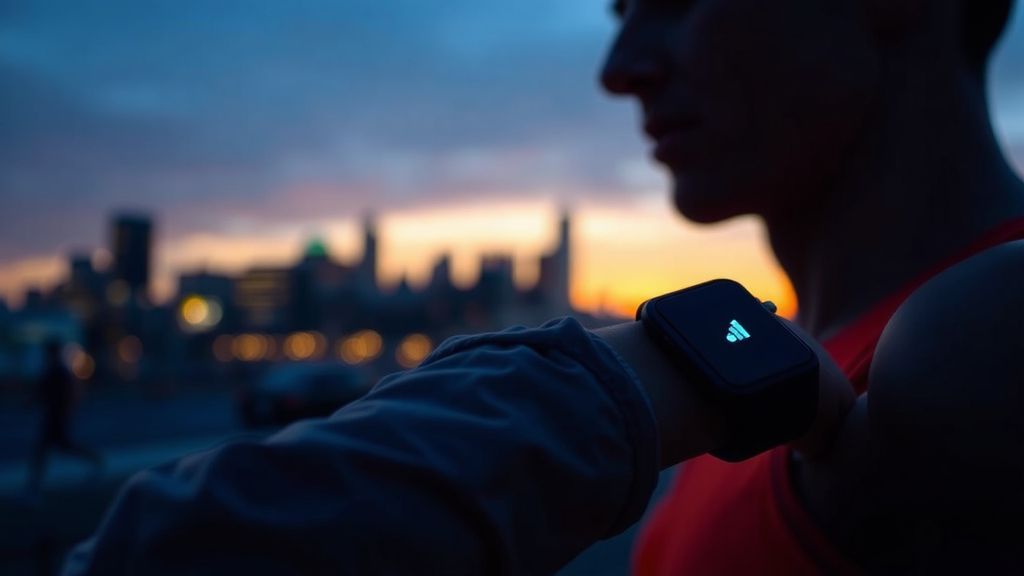 A runner checking a fitness tracker on their wrist at dawn
