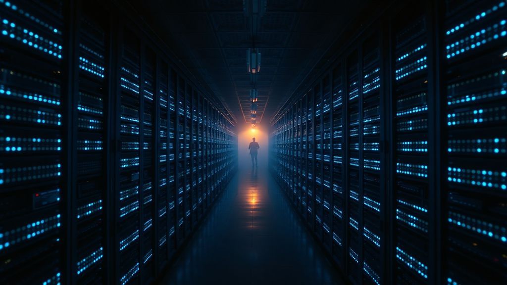 Rows of server racks with blue LED lights in a dark data center
