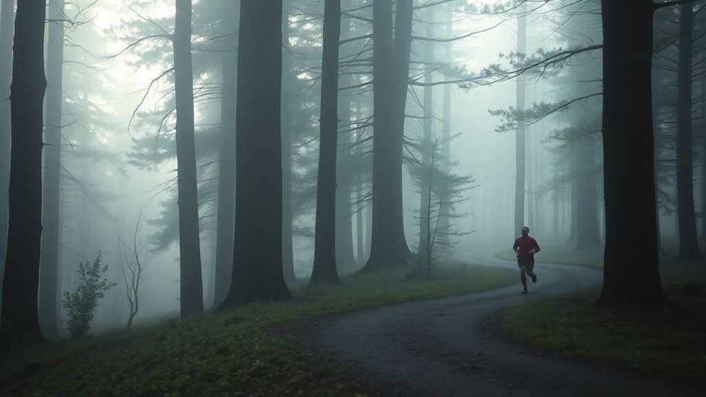 A person running alone on a forest trail with no visible technology