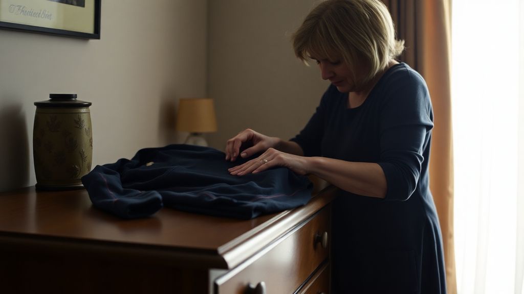 A middle-aged woman folding a child's faded sweatshirt in a sunlit bedroom