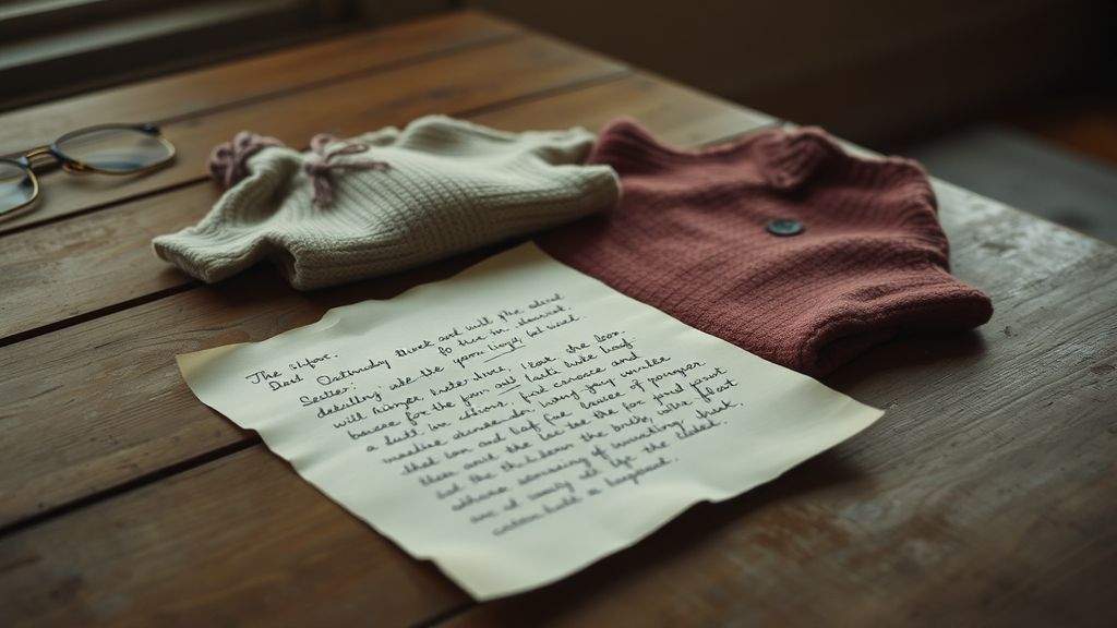 A handwritten letter beside a child's outgrown sweater on a wooden table