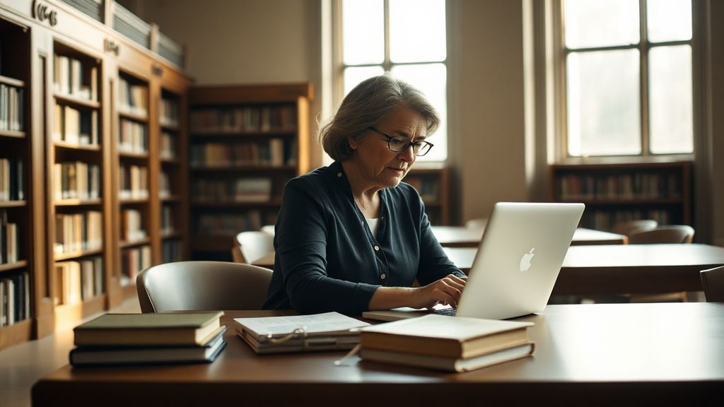 A woman typing on a laptop in a quiet library with soft afternoon light