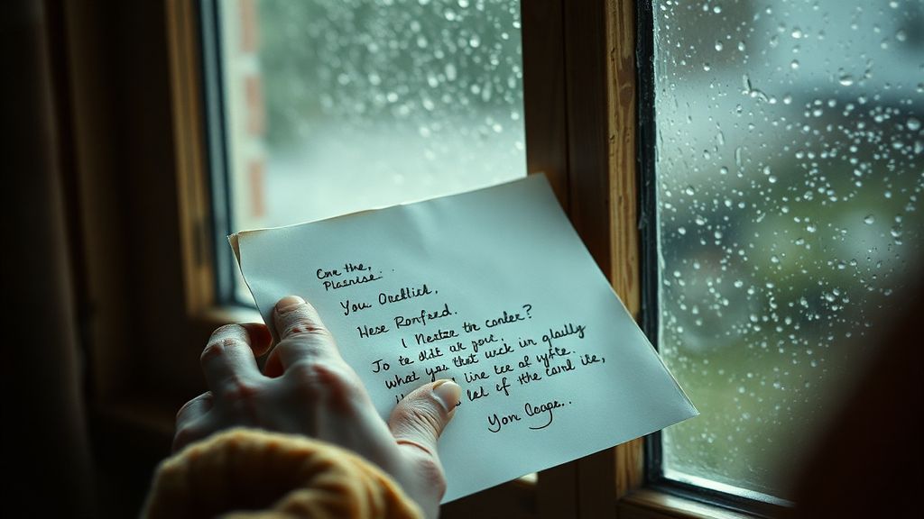 Hands holding a handwritten letter near a window with morning light