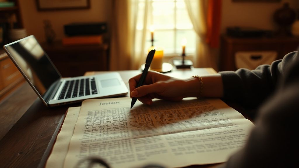A person writing at a wooden desk by candlelight with a closed laptop nearby