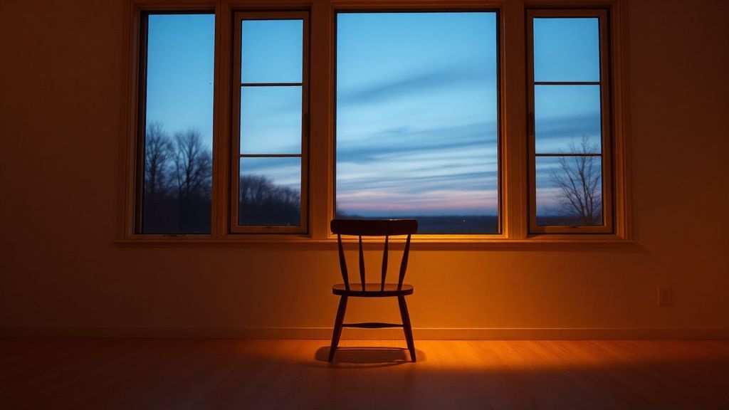 An empty chair facing a window at dusk with soft interior lighting