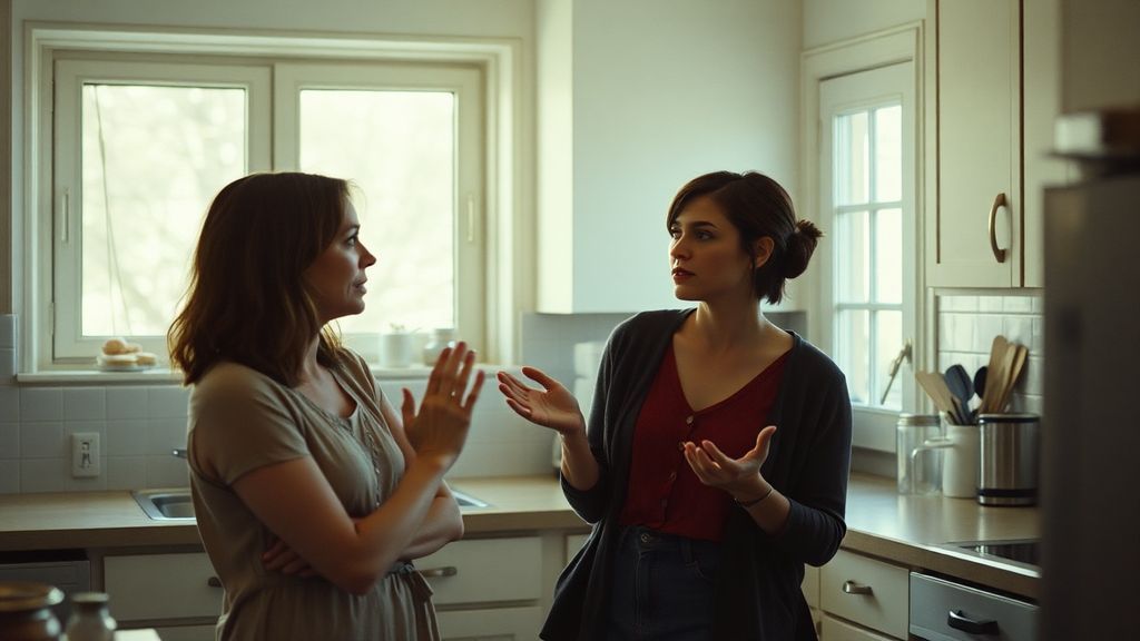 A woman speaking casually with a friend in a sunlit kitchen, both smiling