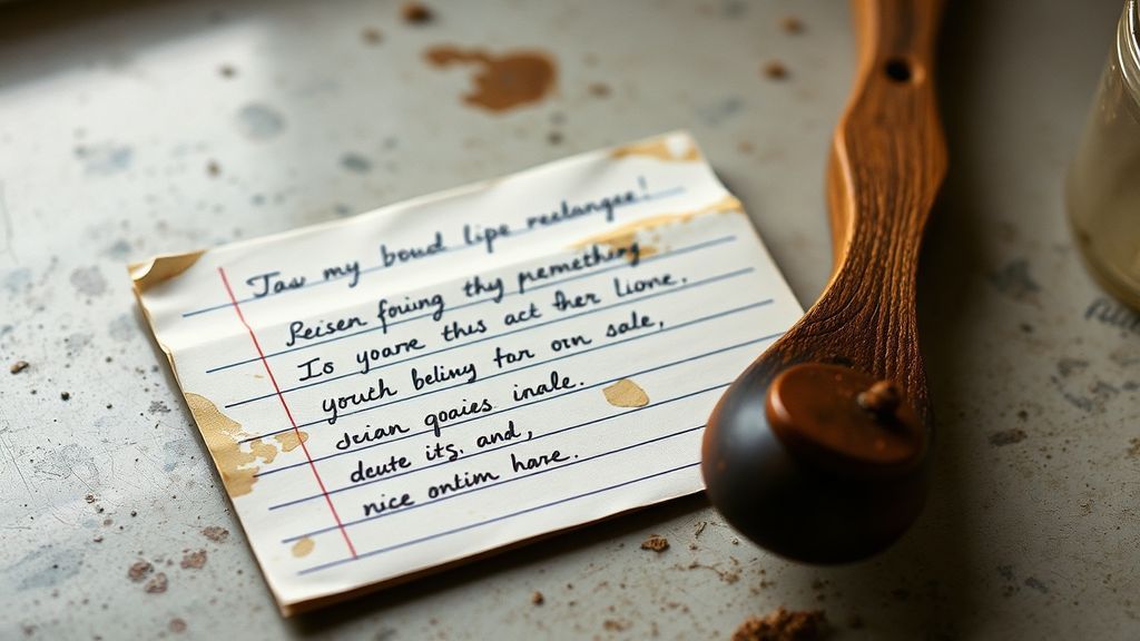 An old handwritten recipe card and wooden spoon on a worn kitchen counter