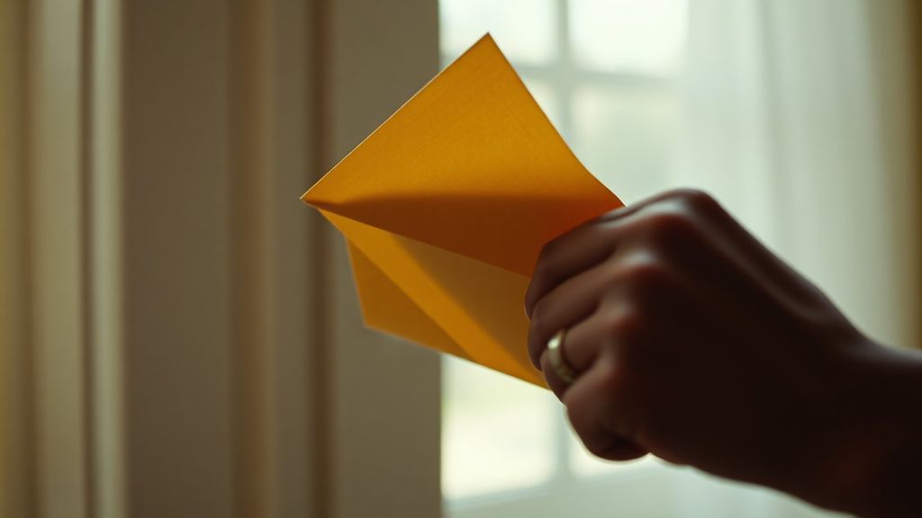 Hands holding an aged envelope with soft window light, suggesting a letter being opened