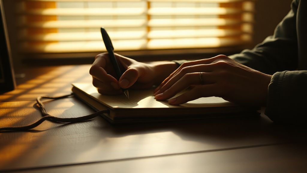 Hands writing in a leather journal on a wooden desk with morning light