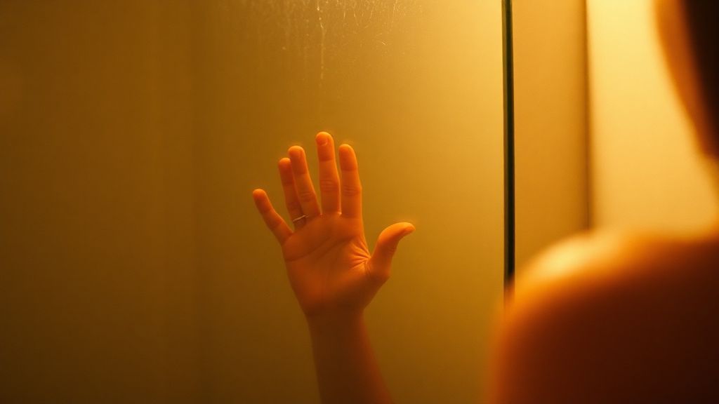 Woman's reflection in a fogged bathroom mirror with hand touching glass