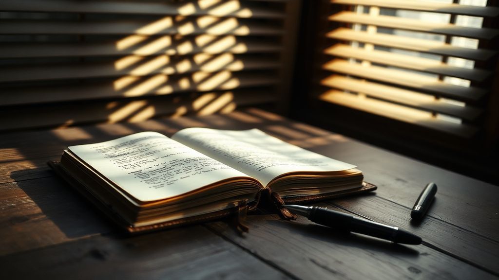 A worn leather journal open on a wooden desk with morning light