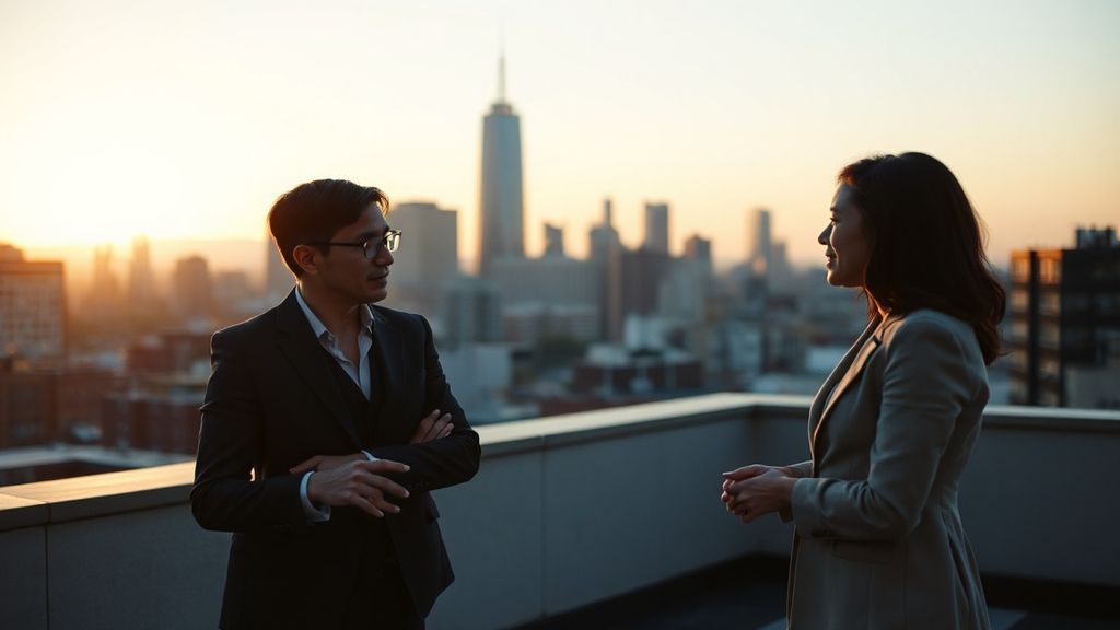 Two professionals having an honest conversation on a rooftop at dusk