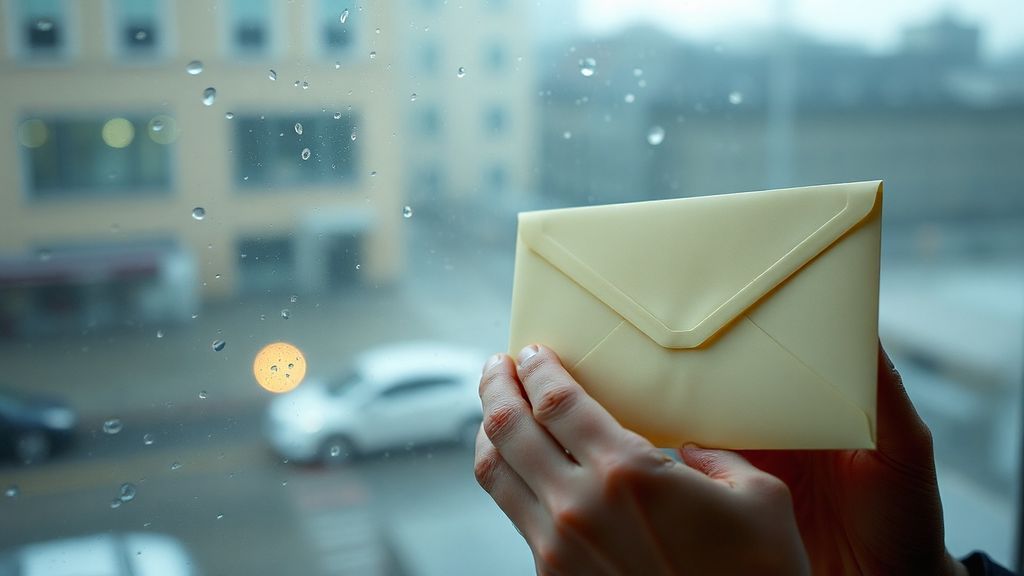 Hands holding an sealed envelope against a window with rain streaks