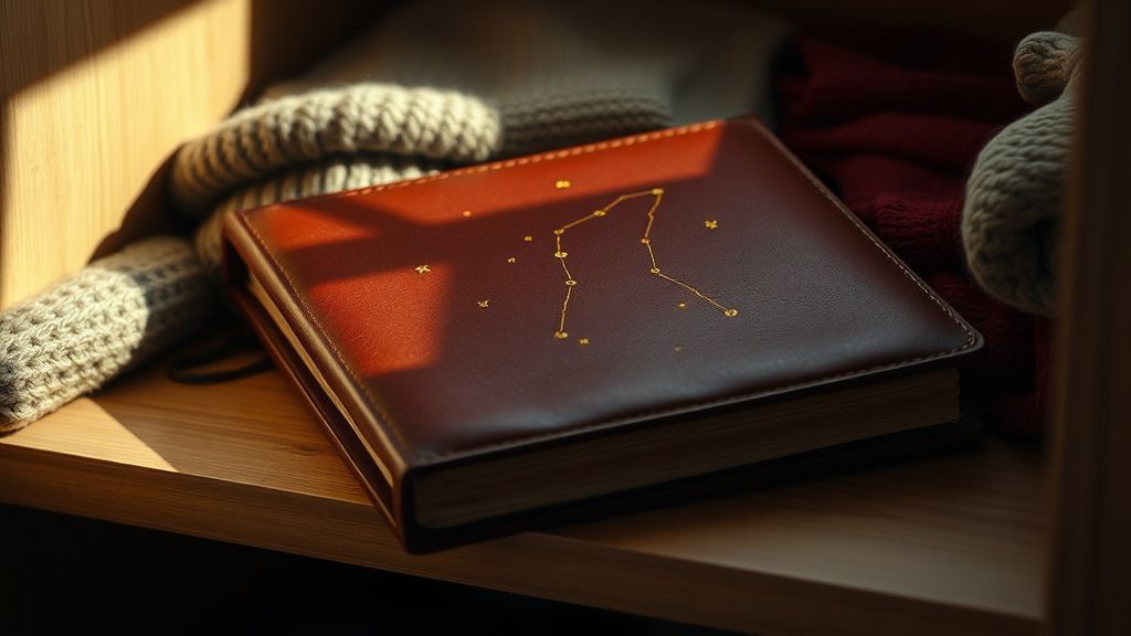 A leather journal with constellation embossing sitting unopened on a closet shelf
