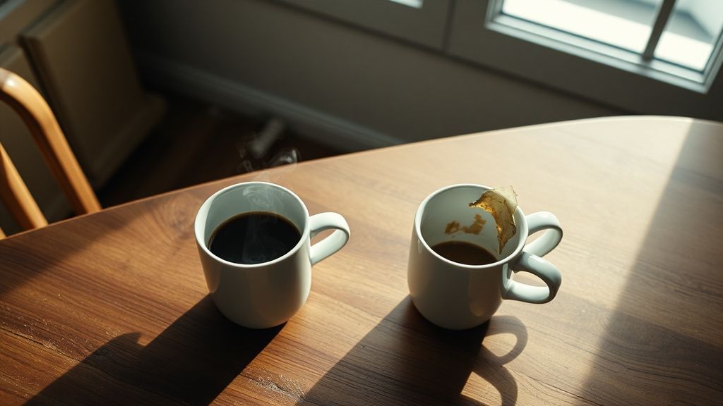 Two coffee cups on a kitchen table, one full and steaming, one empty and cold