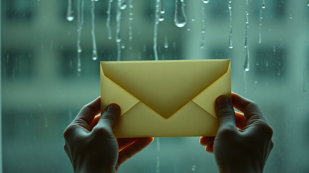 Hands holding a sealed envelope against a window with rain streaks
