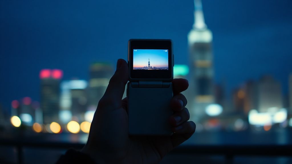 A person holding a vintage flip phone against a blurred city skyline at dusk