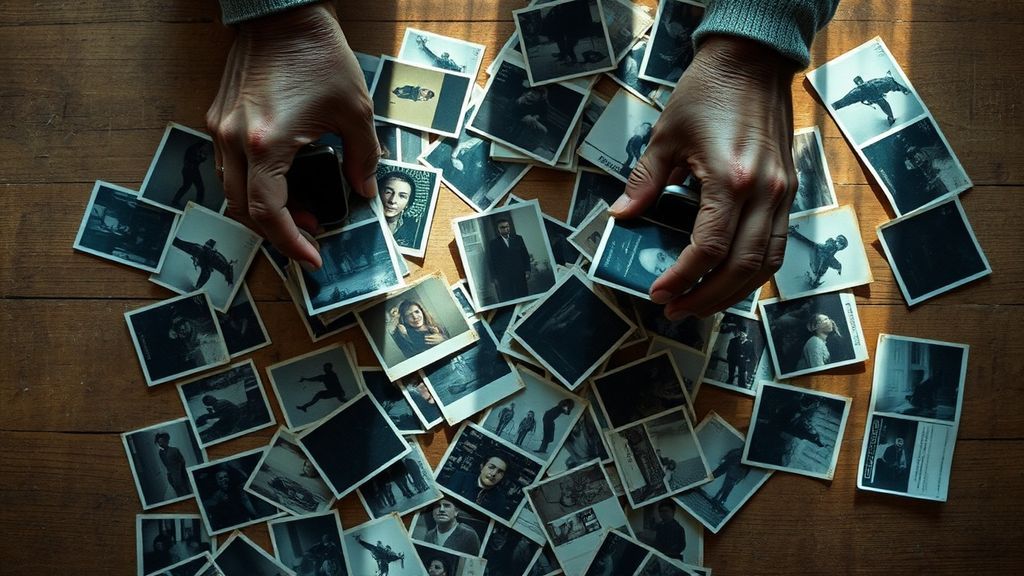 Hands sorting through printed photographs scattered on a wooden table with soft window light