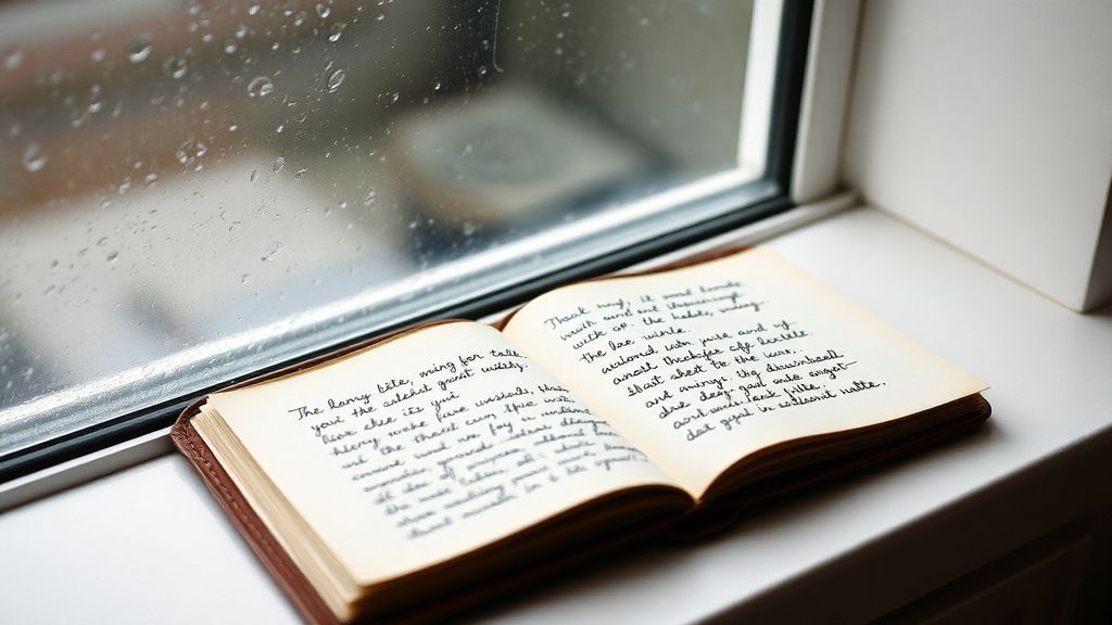 An open notebook with handwritten letter beside a sealed envelope on a windowsill