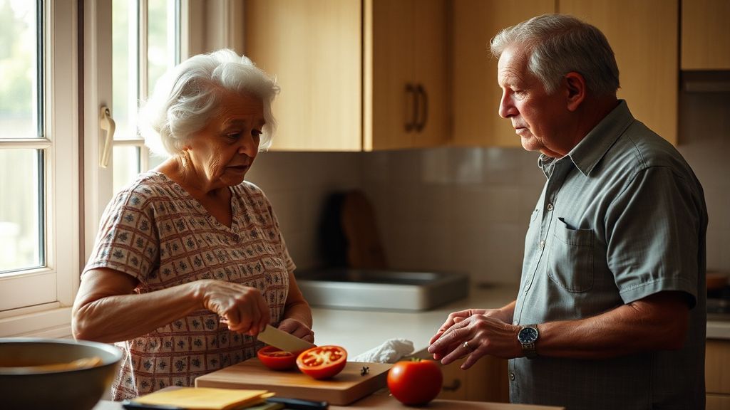 An elderly woman pausing while slicing vegetables in a sunlit kitchen, her partner watching with quiet concern