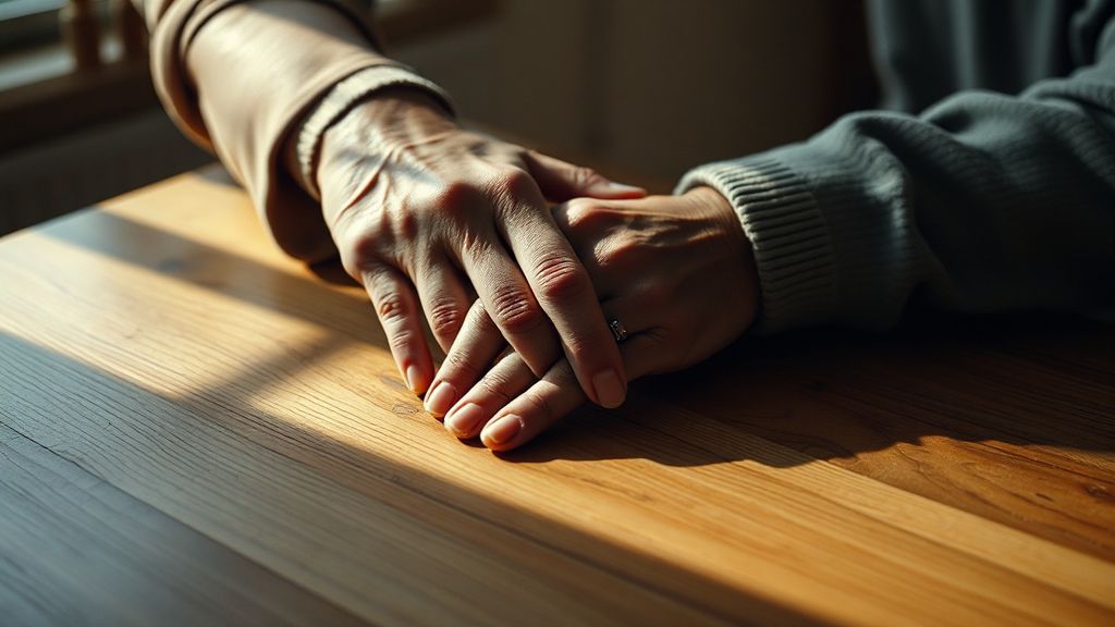 A couple's hands overlapping on a kitchen table, one hand showing signs of age and tremor, morning light casting long shadows