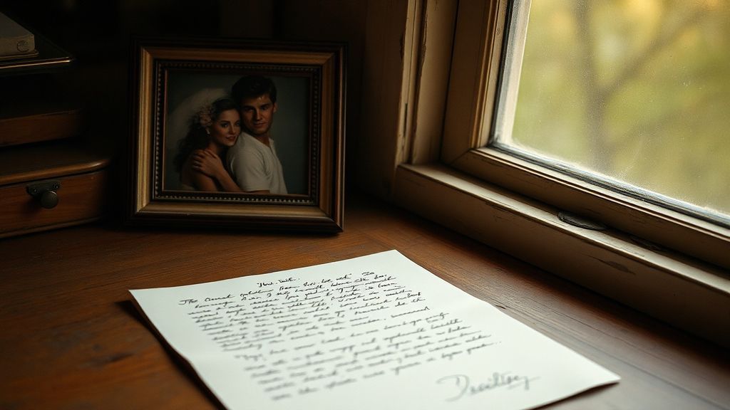 An open handwritten letter on a wooden desk beside a framed photograph of a young couple, soft evening light through a window
