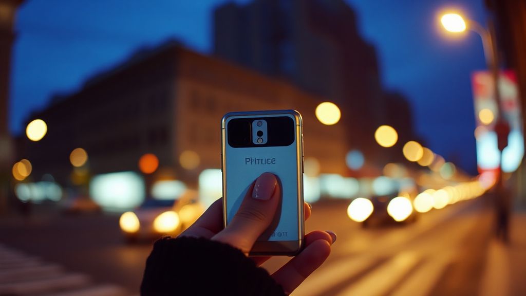 A woman closing a silver flip phone against a blurred city street at dusk