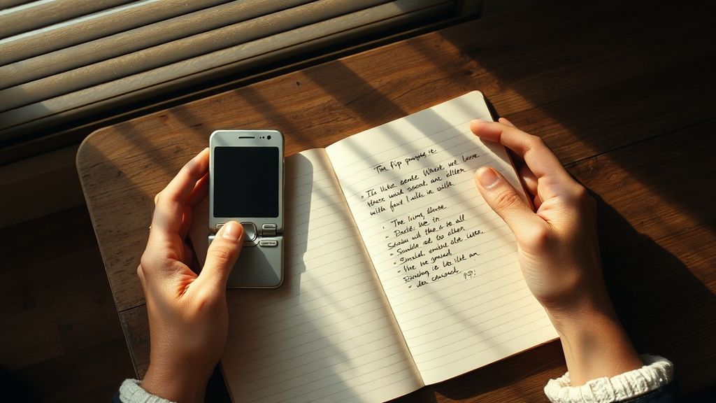 Hands holding an open notebook beside a closed flip phone on a wooden table