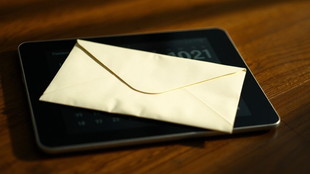 A sealed envelope resting on a digital tablet displaying a calendar date ten years in the future
