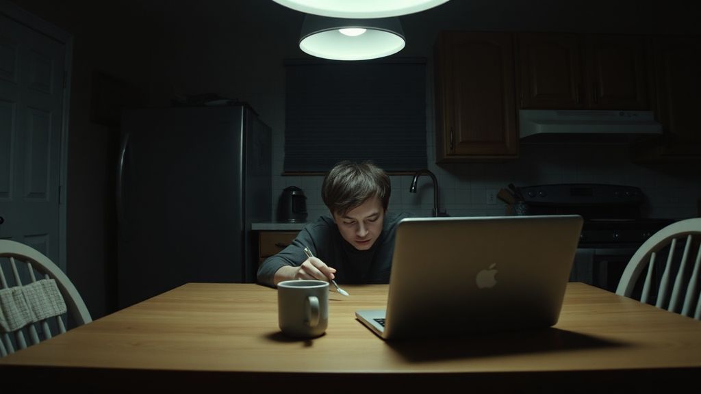 A parent sitting alone at a kitchen table late at night with a closed laptop and cold coffee