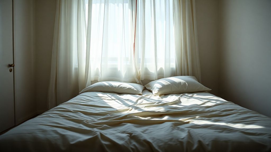 An empty nest bedroom with sunlight streaming through clean white curtains