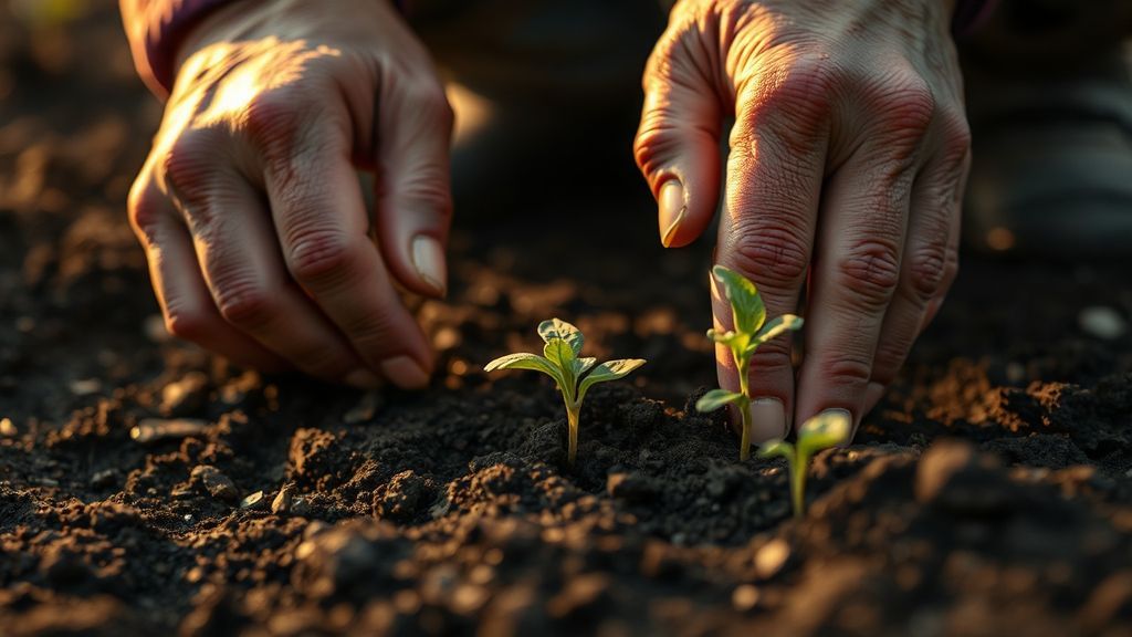 An older adult's hands planting seeds in a garden at golden hour