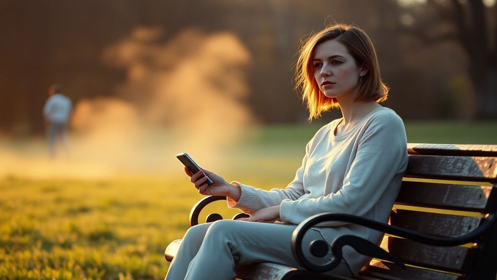 A woman sitting alone on a park bench in early morning light, holding a flip phone