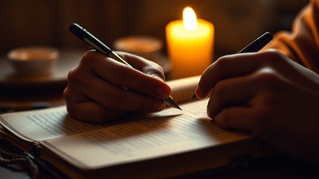 Hands writing in a leather-bound journal by candlelight, ink pen paused mid-sentence