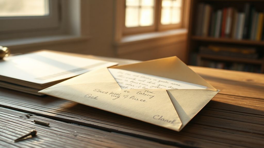 An open envelope with handwritten letter on a wooden desk, morning light streaming through window