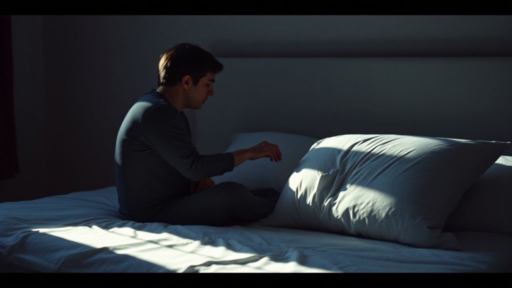 A person sitting alone on a bed in early morning light, hand still touching pillow