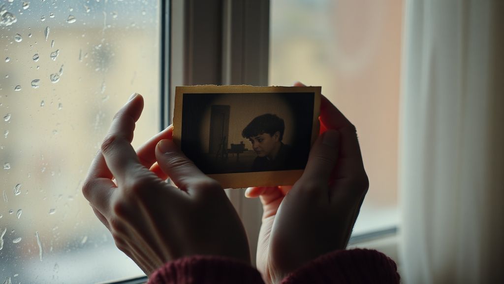 Hands holding a faded photograph near a window with soft natural light
